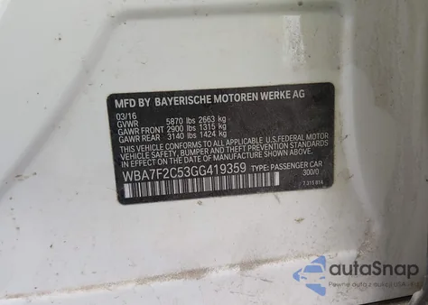 2016 BMW 750I xDrive z USA, uszkodzony, nr VIN WBA7F2C53GG419359